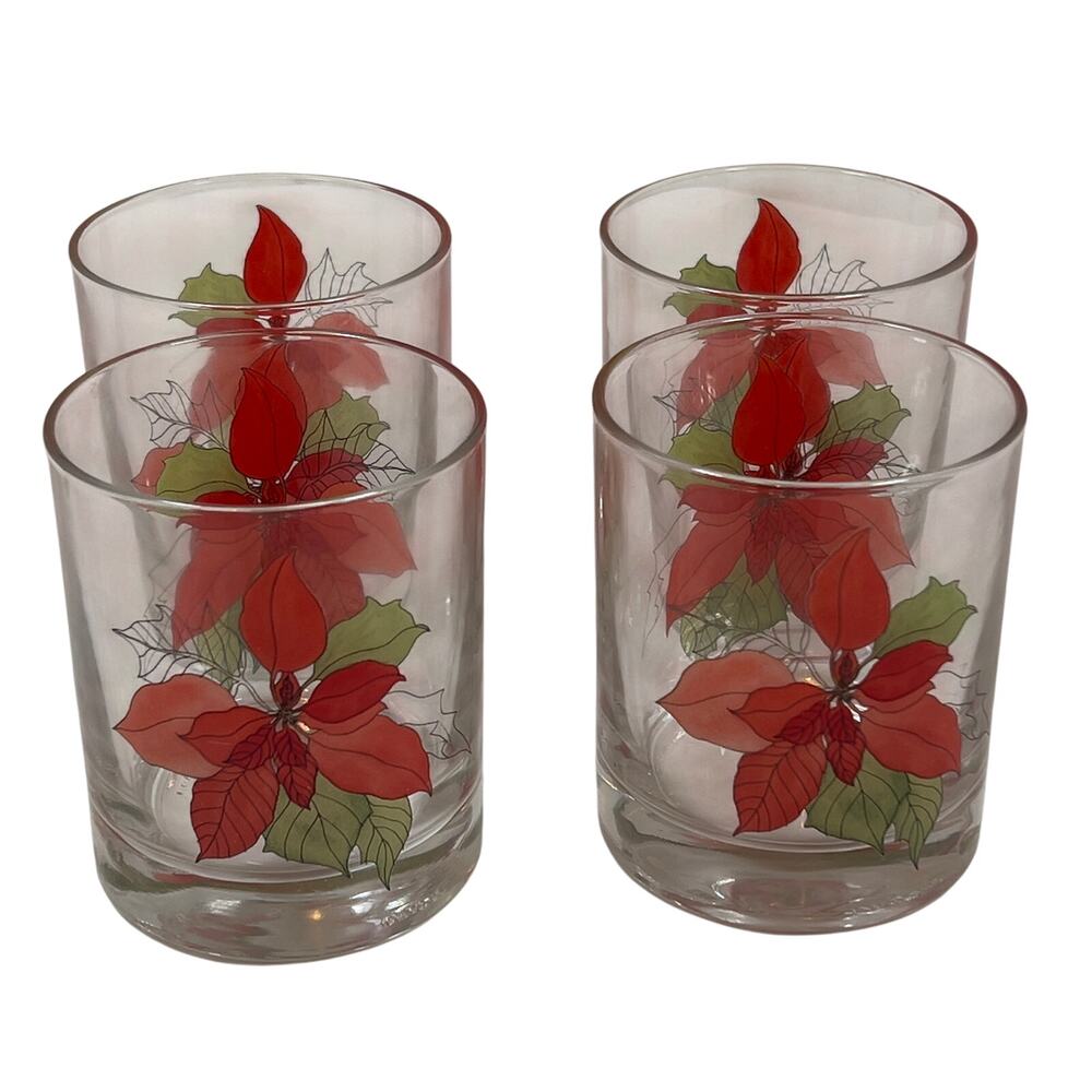 Poinsettia Glassware Mary Lou Goertzen Portugal Set of 4 Block Old-Fashioned 8oz